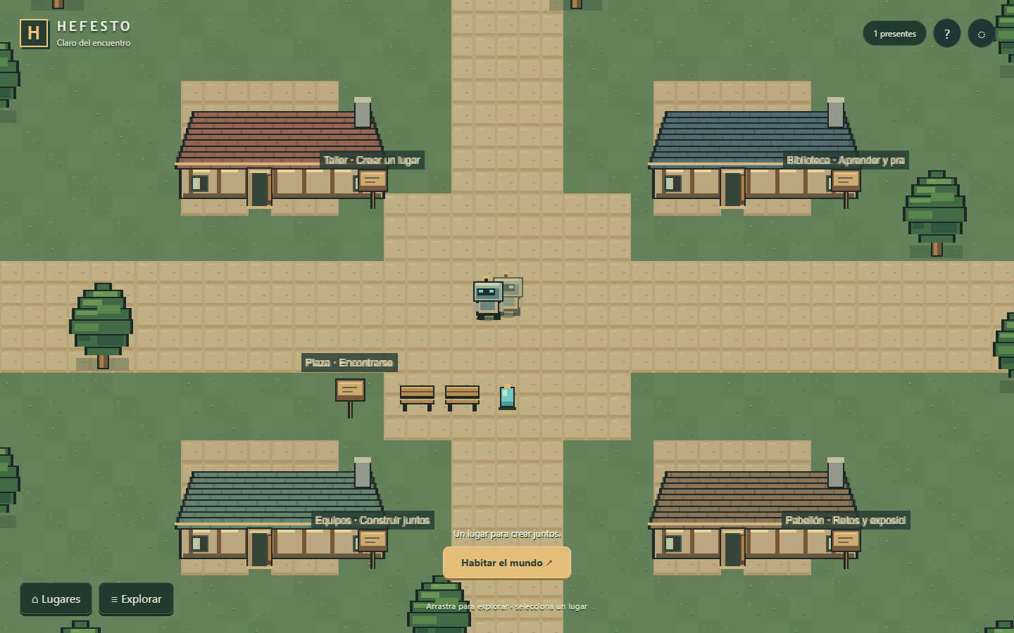 A real view of Hefesto: pixel art paths connect a workshop, library, team space, and competition pavilion around a shared plaza.