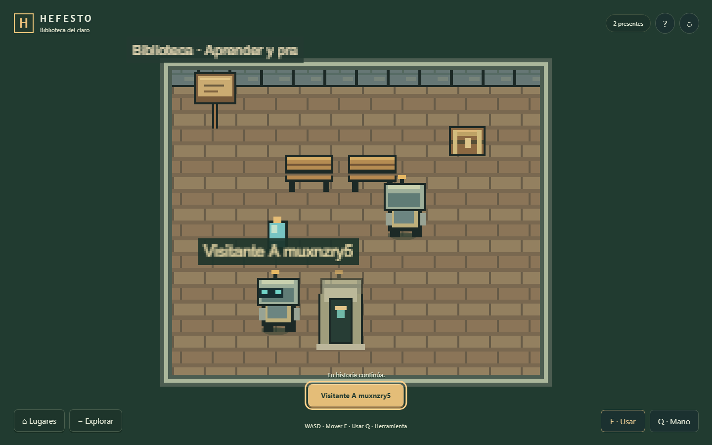 Two robot avatars in Hefesto’s shared library interior, beside benches, a sign, and the entrance.